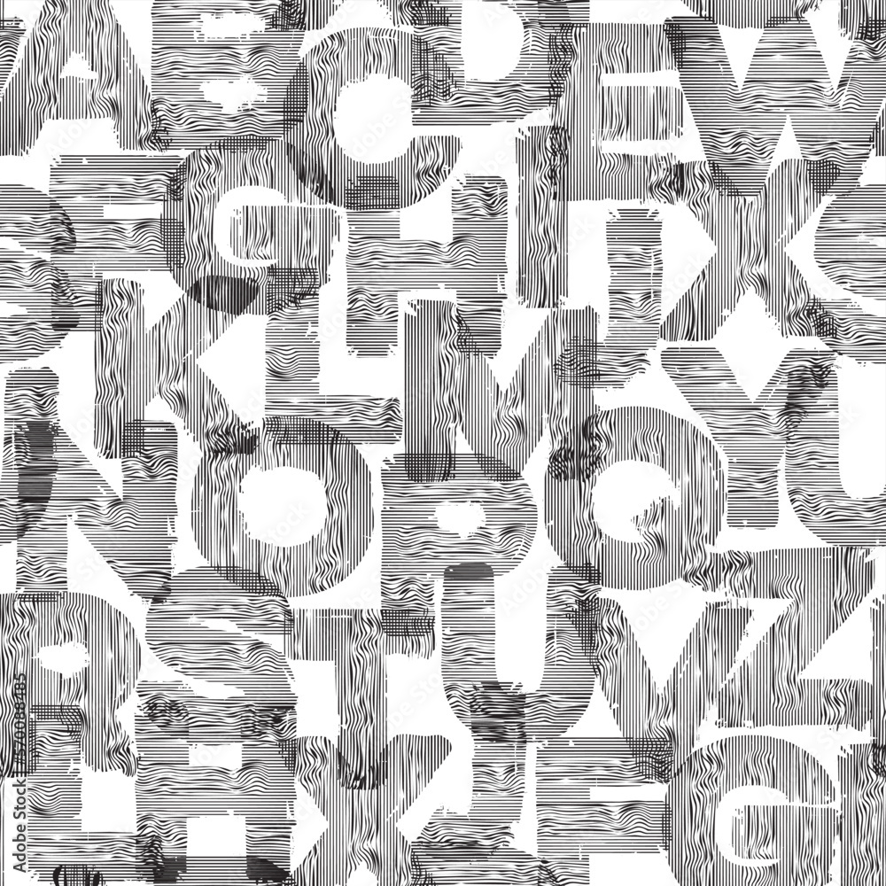 Aufkleber black and white seamless pattern of english letters with textile texture. vector background with cap