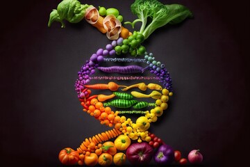 DNA helix made from colorful vegetables, concept of GMO, Healthy Eating and Genetic Diversity, created with Generative AI technology