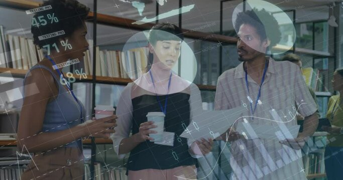 Animation of financial data processing over diverse business people working at office