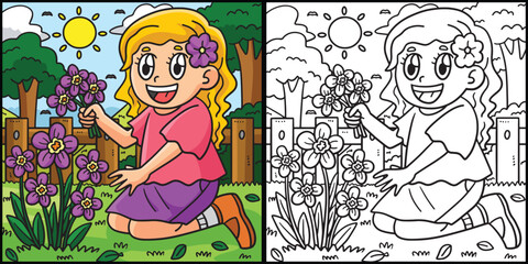 Spring Girl Picking Flowers Coloring Illustration