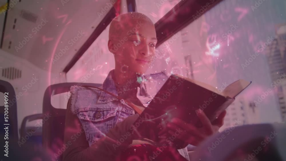 Poster Animation of data processing with scope scanning over biracial woman reading book at bus