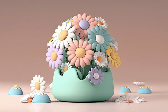 cute and funny daisy flowers 3d render squishy rubber characters on pastel soft colors neutral background, generative ai illustration