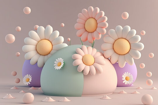 cute and funny daisy flowers 3d render squishy rubber characters on pastel soft colors neutral background, generative ai illustration