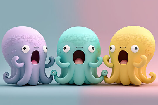 3d render of cute funny octopuses squids in pastel colors on neutral background, generative ai illustration