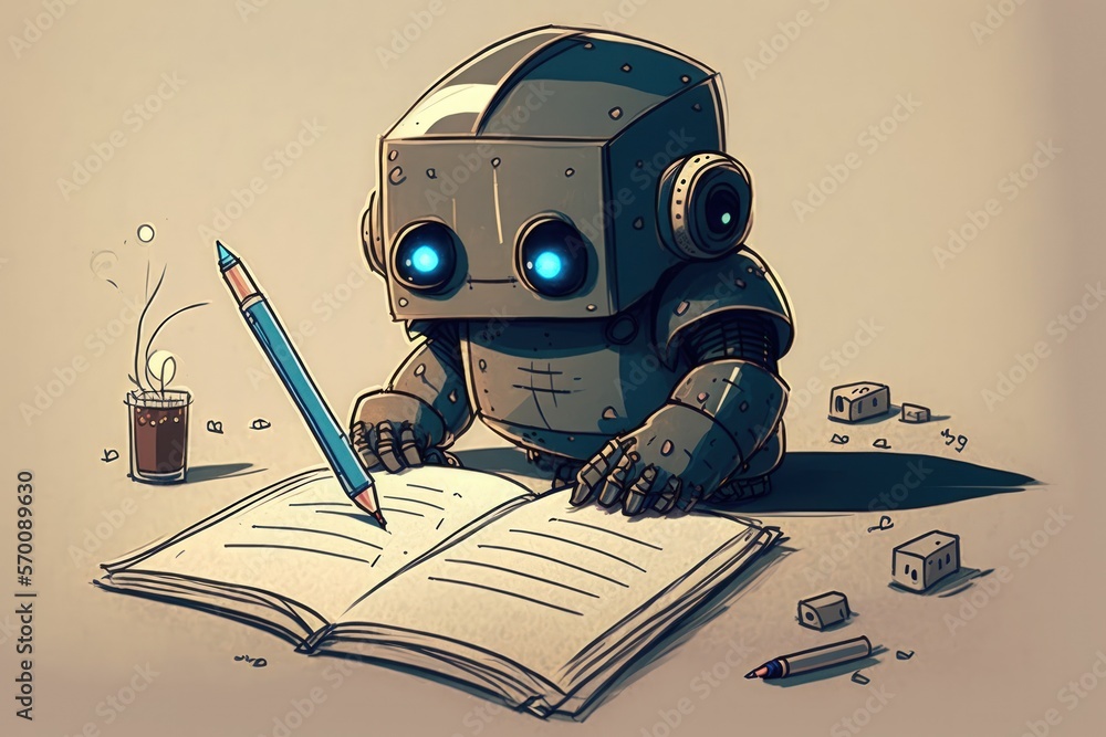 Poster robot writing in a notebook while holding a pen. machine intelligence. generative ai