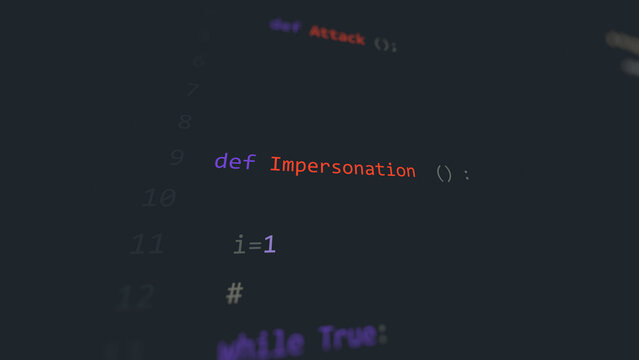 Cyber attack impersonation i.e. email spoofing vulnerability in text ascii art style, code on editor screen.