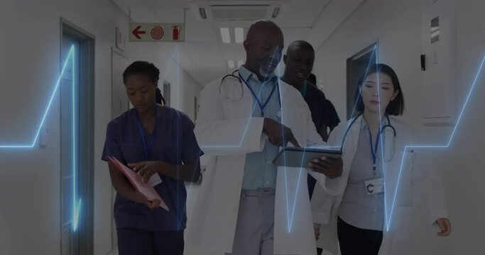 Animation of cardiograph over diverse doctors working at hospital