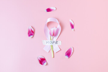 Pink ribbon with tulip and petals on a pink background.