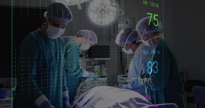 Animation of cardiograph over diverse surgeons operating on patient at hospital