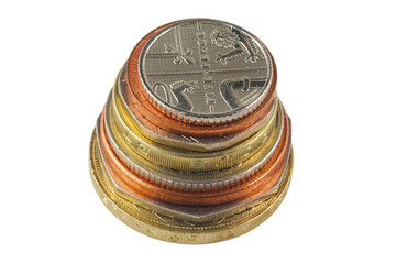 Isolated pile of sterling coins.