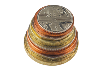 Isolated pile of sterling coins.