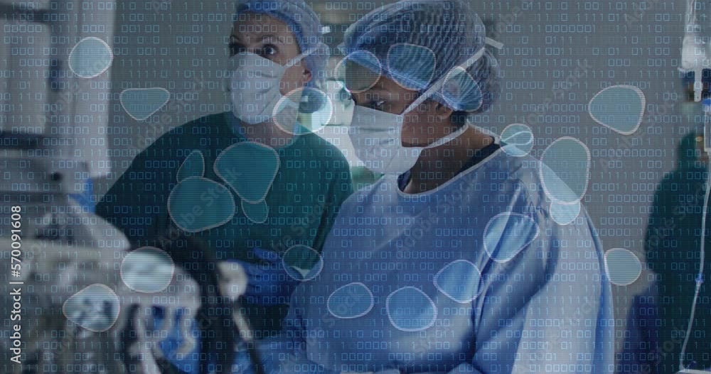 Poster animation of data processing with dna strand over diverse surgeons operating on patient at hospital