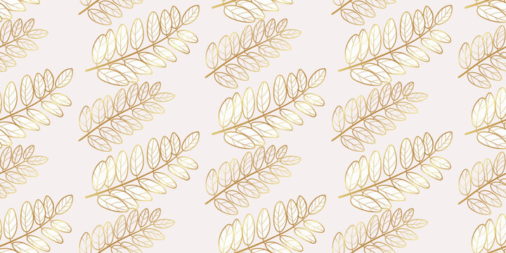 Acacia golden foliage seamless pattern. Floral luxury leaves silhouette drawn in outline style vector illustration on beige background.