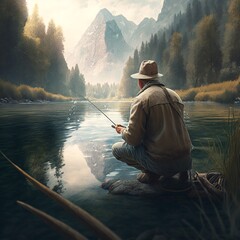 A realistic man Fishing in a beauty place - obrazy, fototapety, plakaty