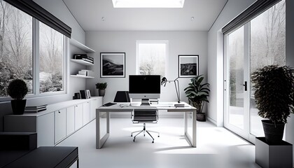 Office white interior with computer table with led and furniture, Generative Ai