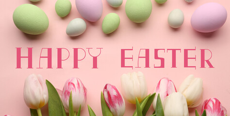 Easter greeting card with tulips and painted eggs on pink background