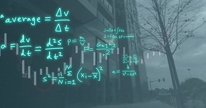 Animation of mathematical equations over data processing and cityscape - Powered by Adobe