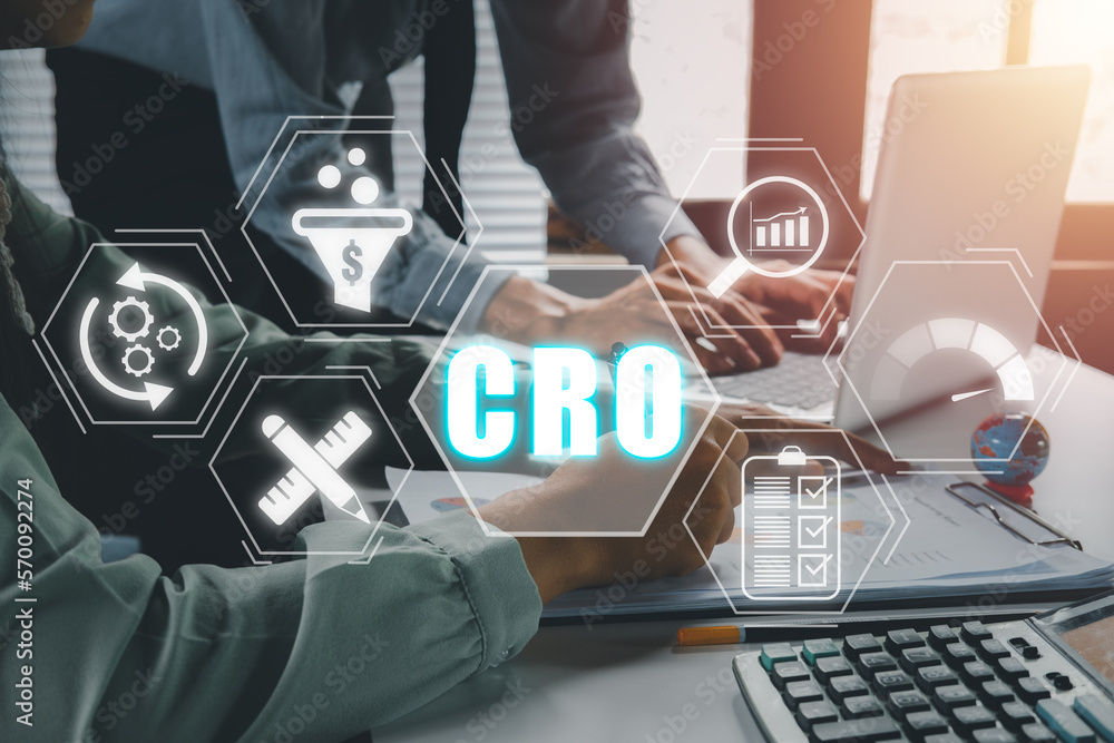 Poster cro, conversion rate optimization concept, business team analyzing income charts and graphs on desk 