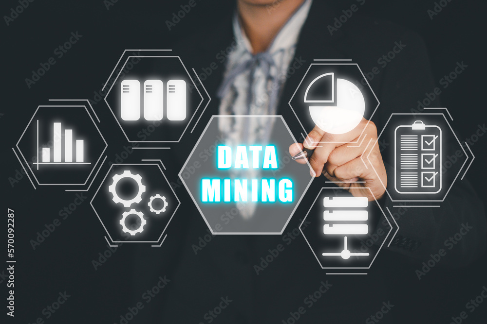 Poster data mining for business and organization, business woman hand touching data mining icon on vr scree