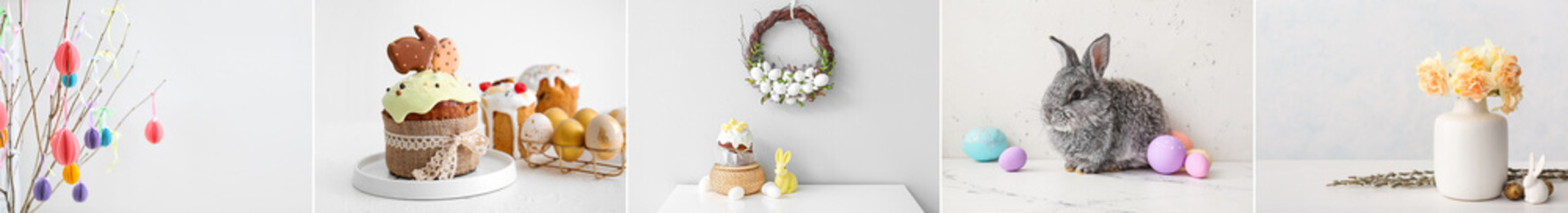 Festive collage with Easter bunny, cakes, eggs, wreath and spring flowers on white background