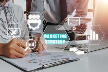 Marketing Strategy Business concept, Business team crew working with Marketing Strategy icon on...
