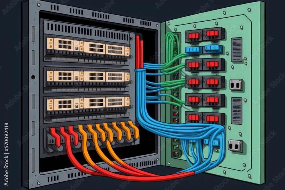 Poster patch panel for network wires, and switch. generative ai