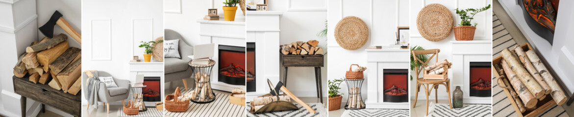 Collage of firewoods near fireplace in modern domestic interior