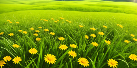 Spring landscape, blossoming field with green grass and yellow flowers. Nature illustration. Generative AI