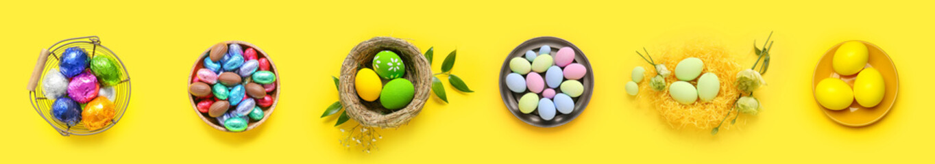 Collage of colorful Easter eggs with chocolate candies on yellow background, top view
