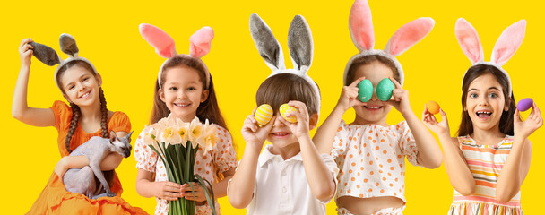 Collage of happy little children with bunny ears, painted eggs, spring flowers and cat on yellow...