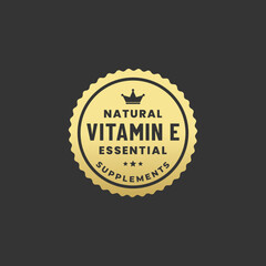 Natural Vitamin E Seal or Vitamin E Label Vector Isolated On Dark Background. Excellent Source of Vitamin E. The best Vitamin E badge for products rich in vitamins.