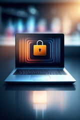 Laptop with a padlock on the screen, cybersecurity, security, idea, TI, illustration. Generative AI 