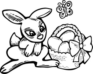 Easter bunny with basket, eggs, flowers, butterfly. Decorative vector design composition for poster print, greeting card, kids party invitation. Hand drawn illustration. Vintage cartoon style drawing.
