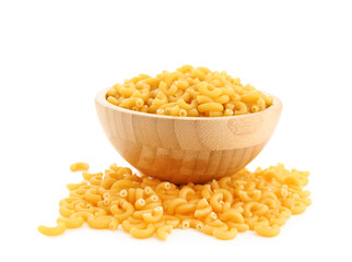 Wooden bowl of uncooked elbow pasta isolated on white background