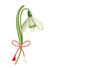 Märzchen das Frühlingsbringer Symbol und 
Geschenk zum 1. März,
Märzchen Anhänger mit Schneeglöckchen,
Vektor Illustration isoliert auf Hintergrund
