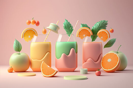 3d render fruit cocktails teas and smoothies on netral background, generative ai illustration