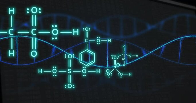 Animation of chemical equations over dna strands on black background