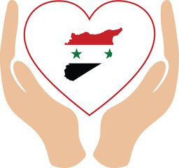 Hands holding a white heart with a map of Syria with national flag