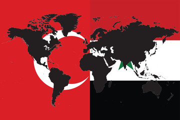 Black colored World map on flag of Turkey and Syria - half of flags of both countries put into one flag