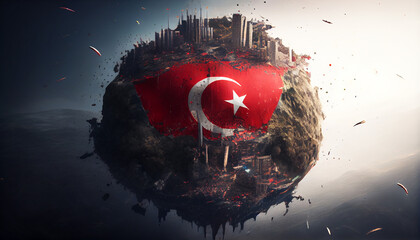 Turkey flag with Turkey earthquake. Two major earthquakes in eastern Turkey, Pray for Turkey. Generative AI