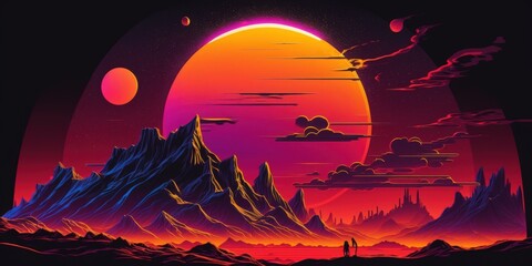 Neon colored, cyberpunk sci fi planet in space with the sun as a backdrop. Generative AI