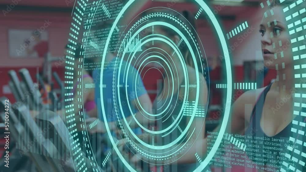 Poster animation of scope scanning and data processing over caucasian people at gym