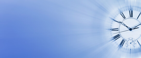 Fleeting time concept. Clock on light blue background, motion effect. Banner design with space for text