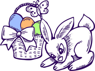 Easter bunny with basket, eggs, flowers, butterfly. Decorative vector design composition for poster print, greeting card, kids party invitation. Hand drawn illustration. Vintage cartoon style drawing.
