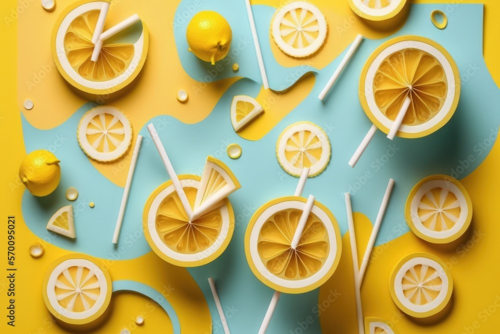 Poster lemon slices, straws, and ice cubes are used in a creative summer background composition. concept fo