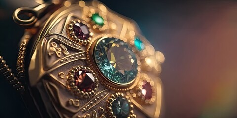 Closeup of decorative jewelry broach. Antique, luxury, diamond and gold ring. Jewels, gems, sparkle background. Colorful vintage.