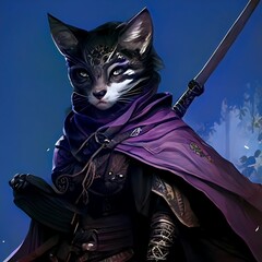 black with small white stripes tabaxi ranger, wearing dark brown studded leather ragged but still beautiful purple cloak flowing in the wind, carrying a longbow, dragon style, cat hero, 