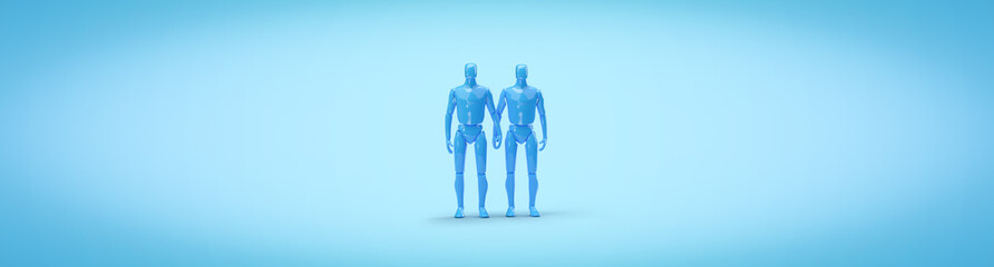 Blue robots, people holding hands. 3d render on the topic of LGBT, love, technology, technology. Modern minimal style, blue background.