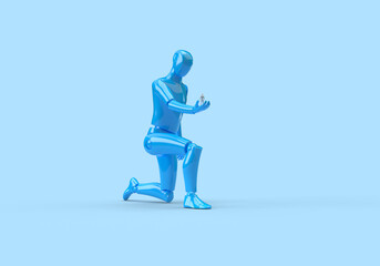 A big blue human robot is holding another human robot on its arm. 3d render on the topic of communication, development, engineering. Blue background.