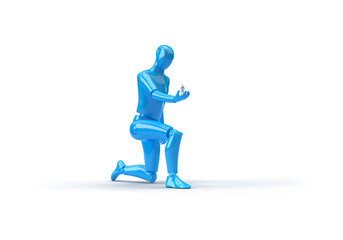 A big blue human robot is holding another human robot on its arm. 3d render on the topic of communication, development, engineering. Transparent background.